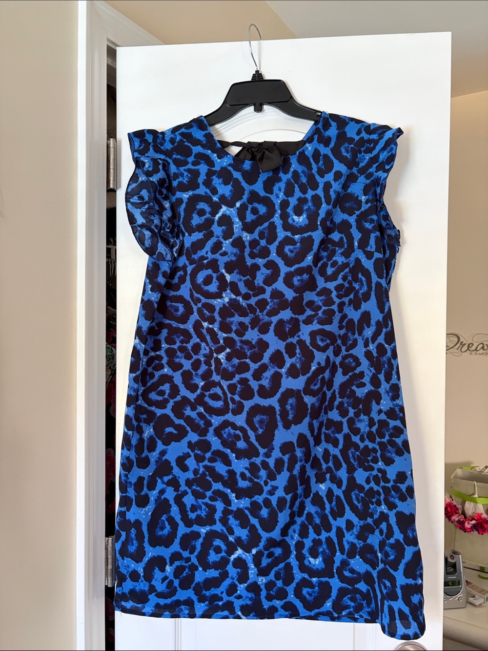 Blue and Black Leopard Print Ruffle Sleeve Mini Dress